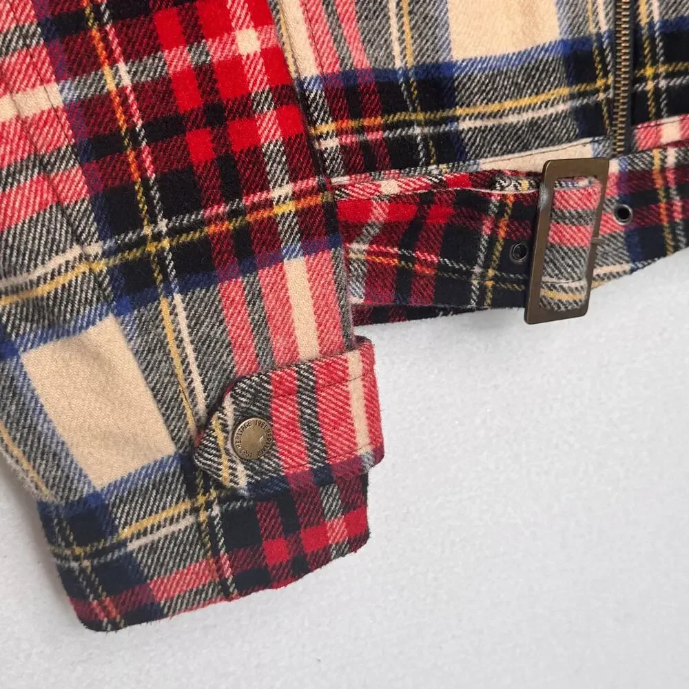 Heritage 1981 Wool Blend Plaid Moto Biker Jacket Belted Red Tartan Preppy Small